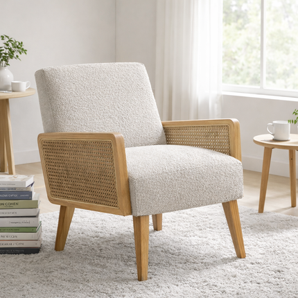 Nivara- Solid Wood Upholstered Accent Chair with Rattan Arms and Wooden Legs