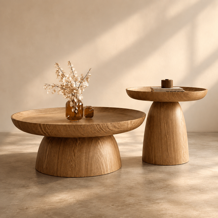 Kotto solid wood round coffee table with tray top pedestal base Japandi Scandinavian design for lounge space and calm interiors