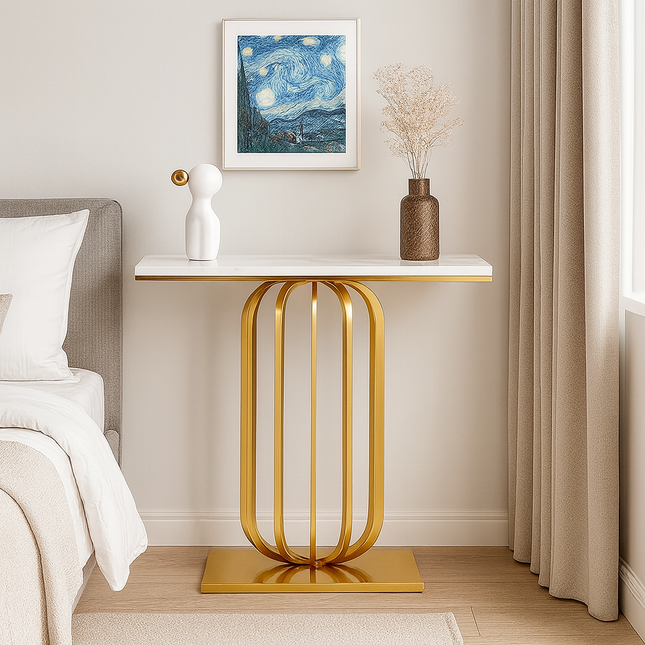Etoile Crest Console – French Deco Marble Console Table with Luxe Pedestal Base for Hallway Glamour - Uber Decor