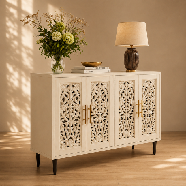 Aria Carve Mid Century Indian Solid Wood Cabinet – Handcrafted Floral Panels Ideal for Living Room, Dining Room & Entryway