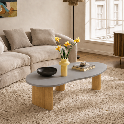 Tangon Wabi-Sabi Mid-Century Japandi Coffee Table – Organic Freeform Wooden Top Block Legs for Living Room