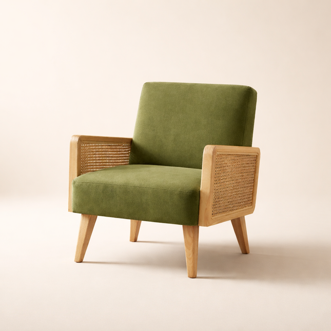 Nivara- Solid Wood Upholstered Accent Chair with Rattan Arms and Wooden Legs