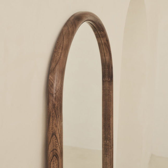 Hazel Arched Teak Wood Floor Mirror – Slim Full-Length Mirror for Bedroom & Entryway - Uber Decor