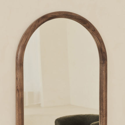 Hazel Arched Teak Wood Floor Mirror – Slim Full-Length Mirror for Bedroom & Entryway - Uber Decor