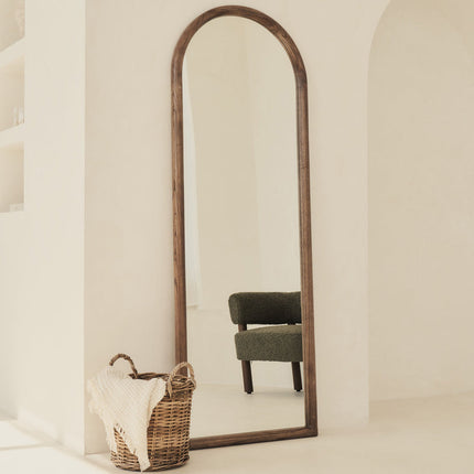 Hazel Arched Teak Wood Floor Mirror – Slim Full-Length Mirror for Bedroom & Entryway - Uber Decor