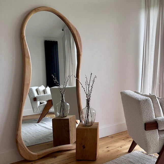 Elowen Wavy Teak Floor Mirror – Organic Freeform Full-Length Mirror - Uber Decor