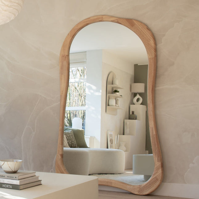 Rowena Wavy Teak Wood Mirror – Sculptural Organic Full-Length Floor Mirror - Uber Decor