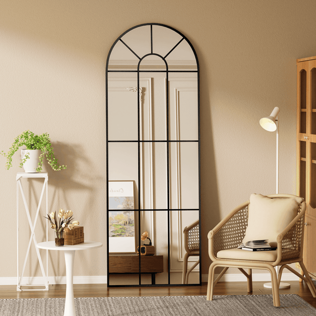 Old World Charm Arched Wall Mirror – Metal Window Mirror Full Length Mirror for Living Room & Entryway Accent - Uber Decor