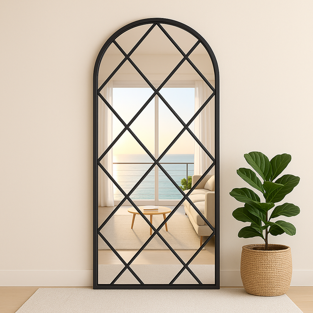 BevelCrest- Decorative French Country Window Grid Style Full Length Arched Wall Mirror for Living Room - Uber Decor