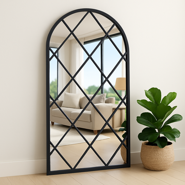 BevelCrest- Decorative French Country Window Grid Style Full Length Arched Wall Mirror for Living Room - Uber Decor