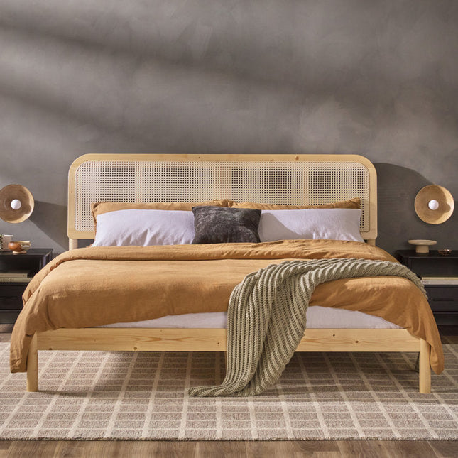 BirchBend Scandinavian Contemporary Rattan Platform Customisable Bed for Minimalist Interiors - Uber Decor