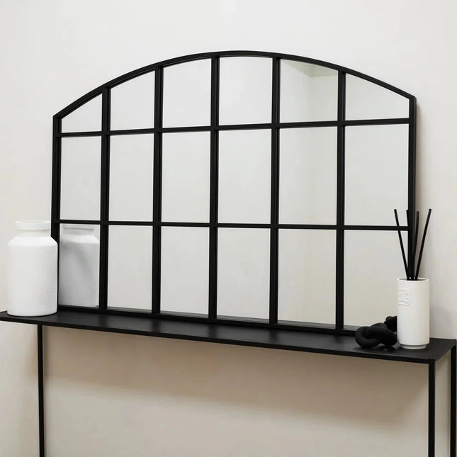 LusterArc- Arched Top Wide Metal Framed Window Style Mirror for Console or Dining Table Wall - Uber Decor