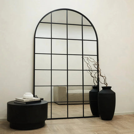 GloryArch- Arched Grid Full Length Window Style Metal Framed Mirror for Living Room, Bedroom, Clothing Boutique or Outdoor - Uber Decor
