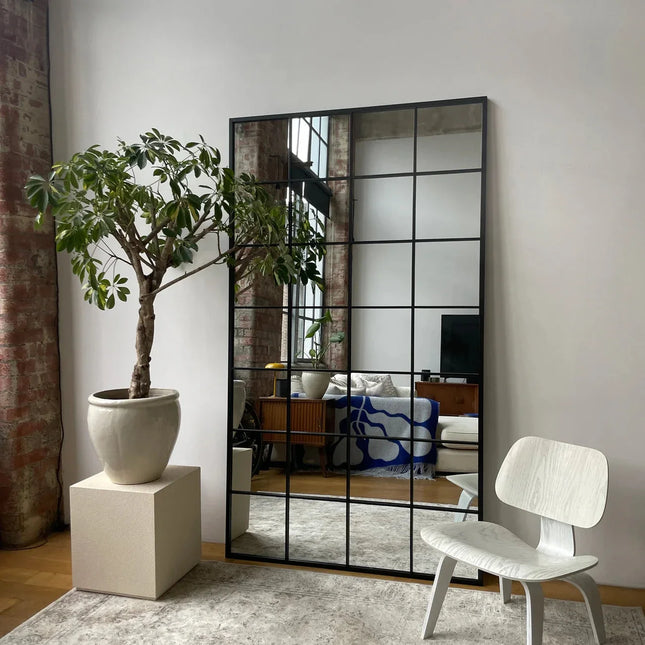 VistaLuxe- Window Pane Style Large Sized Rectangle Metal Framed Mirror for Boutiques, Clothing Stores, Living Room or Bedroom - Uber Decor