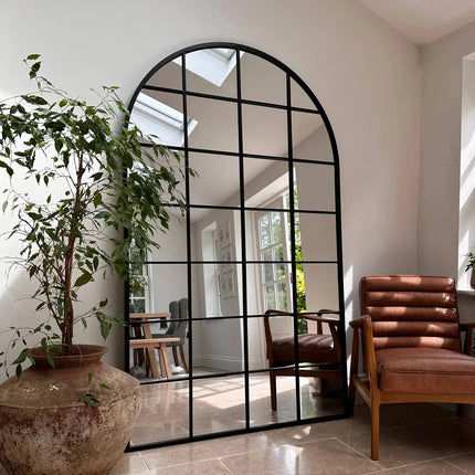 GloryArch- Arched Grid Full Length Window Style Metal Framed Mirror for Living Room, Bedroom, Clothing Boutique or Outdoor - Uber Decor