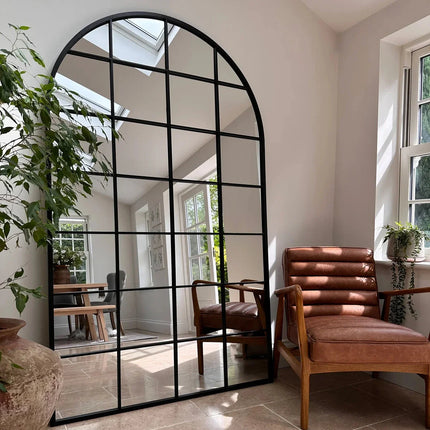 GloryArch- Arched Grid Full Length Window Style Metal Framed Mirror for Living Room, Bedroom, Clothing Boutique or Outdoor - Uber Decor