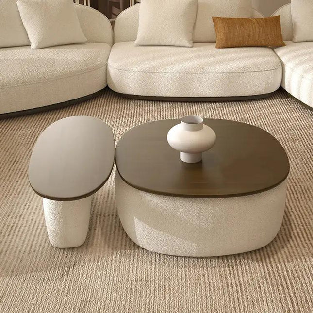 Sangha Wabi-Sabi Sculptural Solid Wood Coffee Table – Japandi Dual Level Organic Center Table with Storage for Living Room