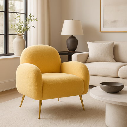 Reysha Cozy Accent Chair - Curvy Upholstered Single Arm Chair with Golden Legs - Uber Decor