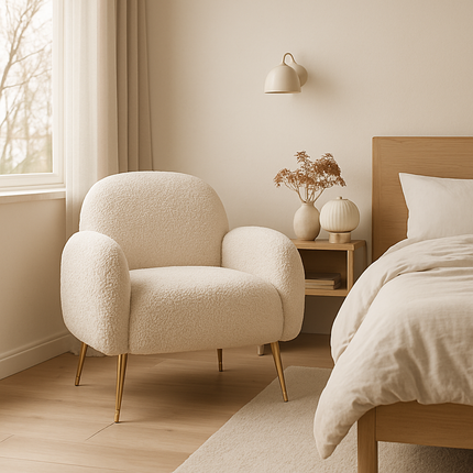 Reysha Cozy Accent Chair - Curvy Upholstered Single Arm Chair with Golden Legs - Uber Decor