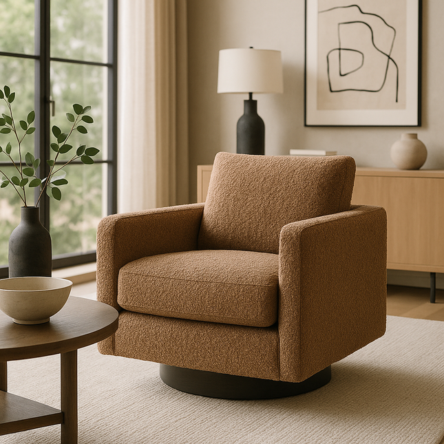 Kiana- Upholstered Swivel Armchair With Wooden Base - Square Accent Chair for Bedroom or Living Room