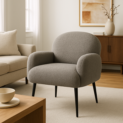 Mirena Modern Wide Base Upholstered Armchair with Curved Back, Armrests and Metal Legs