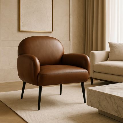 Mirena Modern Wide Base Upholstered Armchair with Curved Back, Armrests and Metal Legs