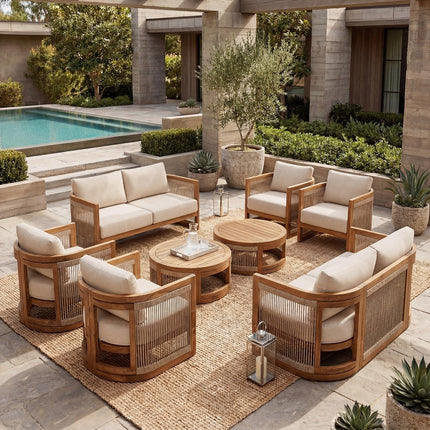 Sundrift Haven Teak Wood & Rope Outdoor Sofa Set, Japandi Patio Conversation Set for Garden, Terrace, Porch, Poolside & Lawn