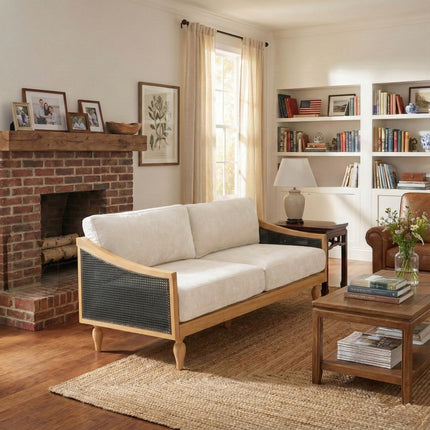 Fermo Rustic Modern Cane-Panel Wooden Sofa with Sloped Arms & Loose Cushions for Living Room