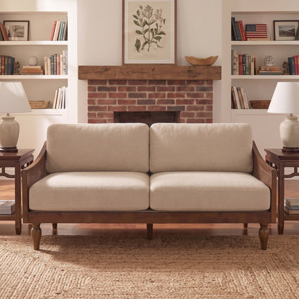 Fermo rustic modern cane-panel wooden sofa – customisable size and wood finish, made to order India