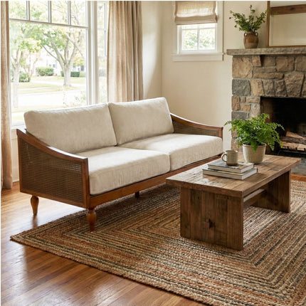 Fermo Rustic Modern Cane-Panel Wooden Sofa with Sloped Arms & Loose Cushions for Living Room