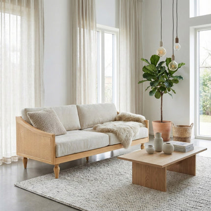 Fermo Rustic Modern Cane-Panel Wooden Sofa with Sloped Arms & Loose Cushions for Living Room