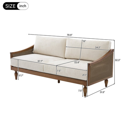 Fermo Rustic Modern Cane-Panel Wooden Sofa with Sloped Arms & Loose Cushions for Living Room