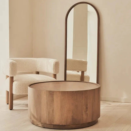 Argun Round Coffee Table Modern Minimal Contemporary Coastal Inspired Designer Center Table Custom Finish Drum Table for Relaxed Seating Area