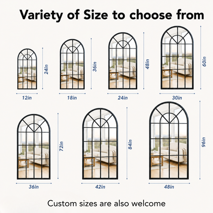 French Arch Oversized Window Style Mirror - Full-Length Arched Metal Frame Mirror