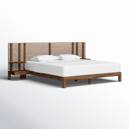 RosewoodGrid Slatted Modern Platform Customisable Bed with Integrated Nightstands - Uber Decor