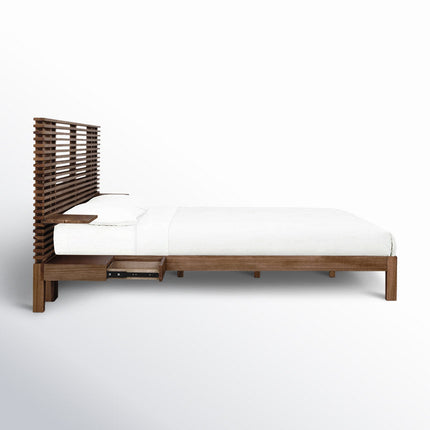 RosewoodGrid Slatted Modern Platform Customisable Bed with Integrated Nightstands - Uber Decor