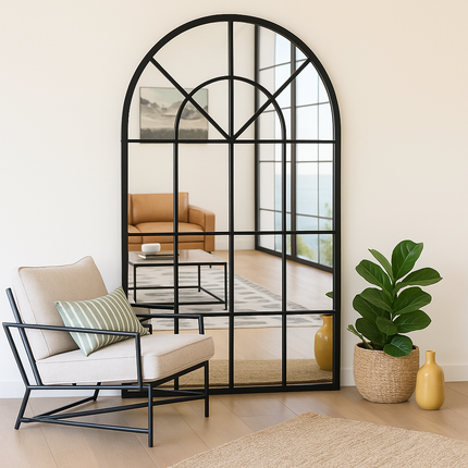 French Arch Oversized Window Style Mirror - Full-Length Arched Metal Frame Mirror - Uber Decor