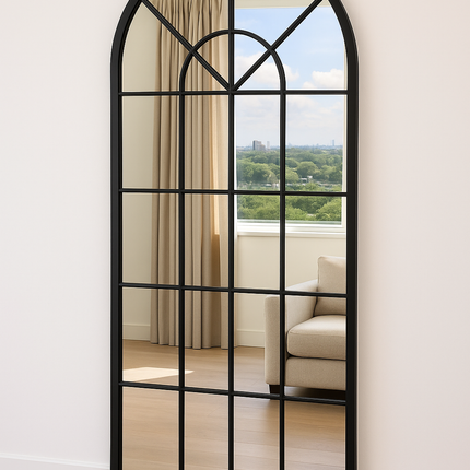 French Arch Oversized Window Style Mirror - Full-Length Arched Metal Frame Mirror - Uber Decor