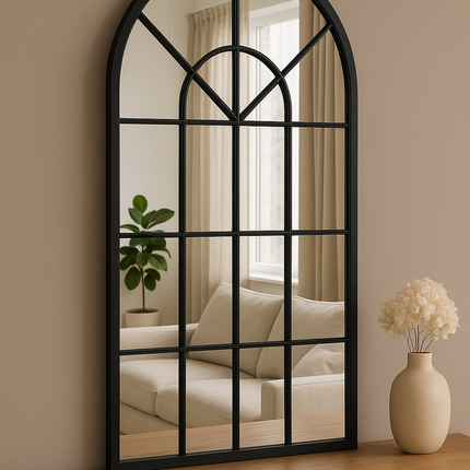 French Arch Oversized Window Style Mirror - Full-Length Arched Metal Frame Mirror - Uber Decor