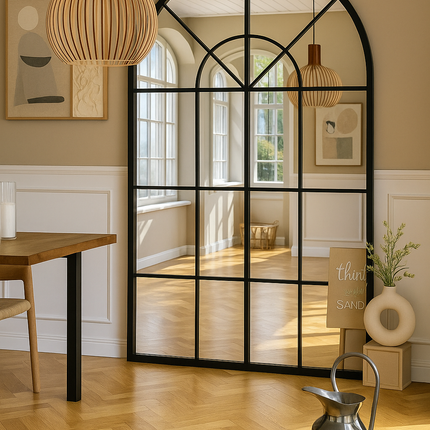 French Arch Oversized Window Style Mirror - Full-Length Arched Metal Frame Mirror - Uber Decor