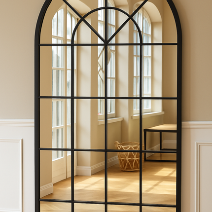 French Arch Oversized Window Style Mirror - Full-Length Arched Metal Frame Mirror - Uber Decor