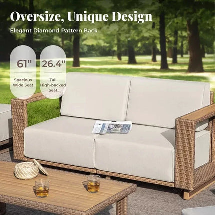 Breezewood Haven Wicker Rattan Outdoor Sofa Set, Patio Conversation Garden Lounge Set, Japandi Boho Poolside Terrace Porch Sofa