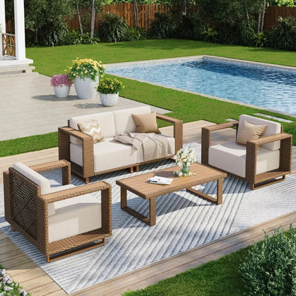Breezewood Haven Wicker Rattan Outdoor Sofa Set, Patio Conversation Garden Lounge Set, Japandi Boho Poolside Terrace Porch Sofa