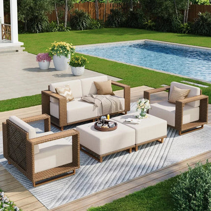 Breezewood Haven Wicker Rattan Outdoor Sofa Set, Patio Conversation Garden Lounge Set, Japandi Boho Poolside Terrace Porch Sofa