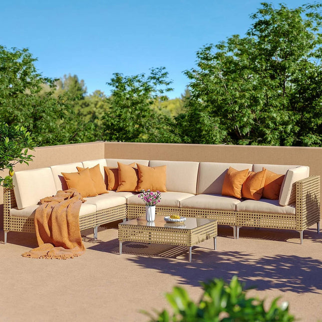 Sunvale Retreat PE Rattan Wicker Sectional Outdoor Sofa Set, Patio Conversation Garden Lounge Set for Poolside Terrace Porch