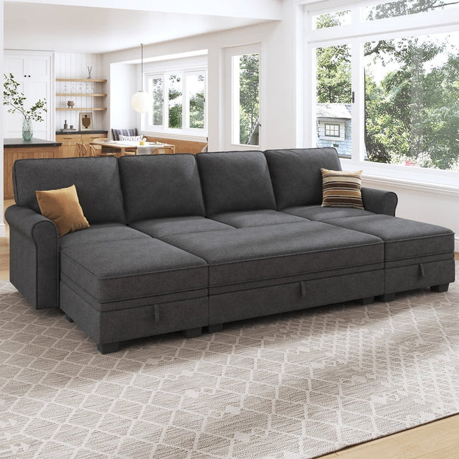 Capri Sleeper Sectional Sofa- 4 Seater Convertible Sofa Bed with Storage Seat for Living Room and Home Office, Dark Grey - Uber Decor