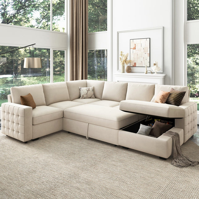 Florence Sectional Sleeper Sofa- 6 Seater Convertible Sofa with Pull-Out Bed with Storage for Living Room and Guest Bedroom - Uber Decor
