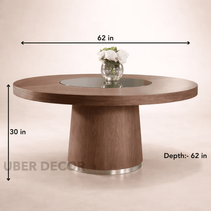 Halo Round Wooden Dining Table with Central Glass Inlay with Solid Pedestal Base for Dining Room