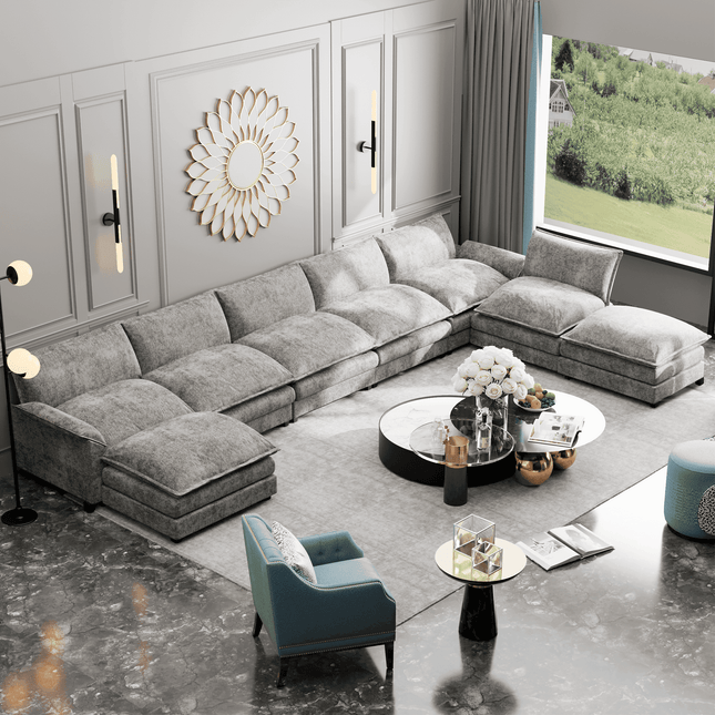 Manila 198" U-Shaped Sofa- 8 Seater Oversized Sectional Sofa with Reversible Toffee Chair & Movable Footrest - Uber Decor