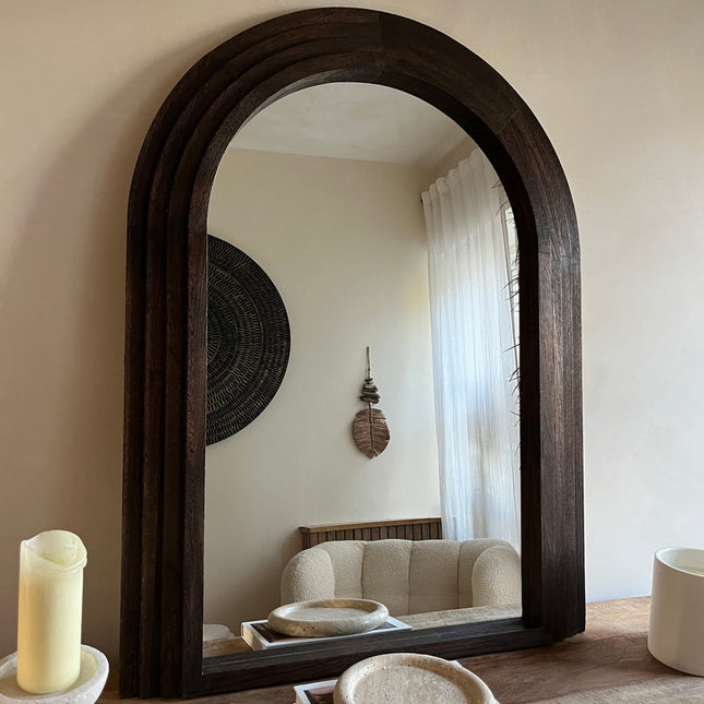 Vivienne Arched Layered Wood Mirror – Sculptural Wall Mirror for Niche & Console Styling - Uber Decor